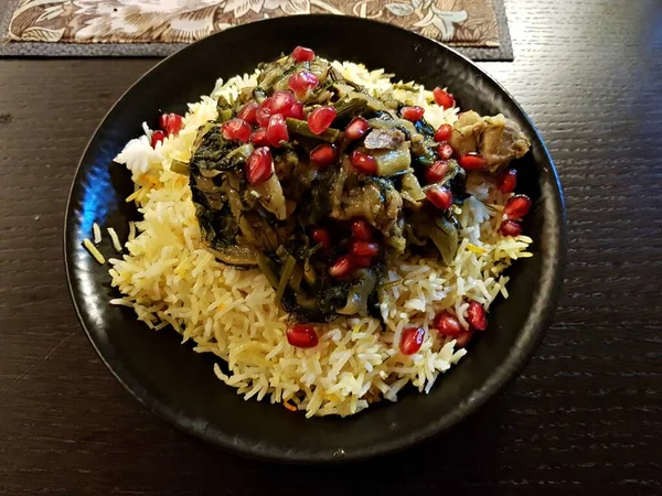 Boiled Rice Fried Mushrooms Sprinkled Juicy Pomegranate Grains Plate — Stock Photo, Image