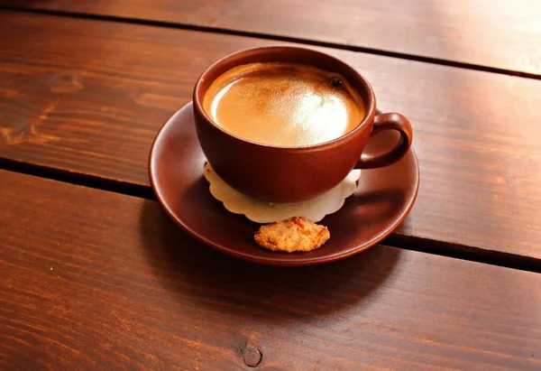 Aromatic Black Coffee Small Ceramic Cup Wooden Table Outdoors — Stock Photo, Image