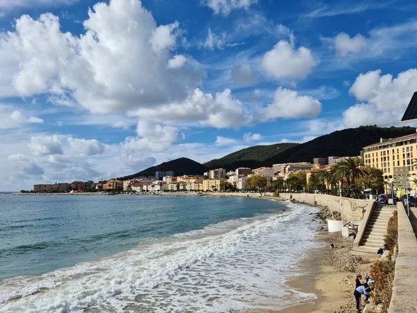 Panorama Praia Mar Agitado Cidade Bastia Ilha Francesa Córsega Novembro — Fotografia de Stock