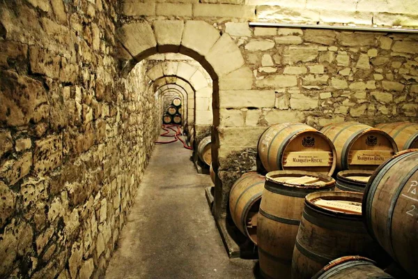 Czerwone Białe Wino Drewnianych Beczkach Jest Przechowywane Starzenia Się Wielu — Zdjęcie stockowe