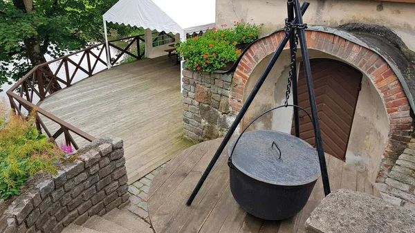 Cauldron Attached Metal Rods Cooking Pilaf Cafe Next Jaunpils Castle — Stock Photo, Image