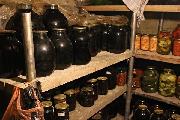 Homemade Canned Fruits Vegetables Glass Jars Shelves Cellar — Stock Photo, Image