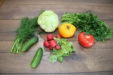 Salatalık domatesler lahana turpu dereotu ve maydanoz köydeki bir masada..