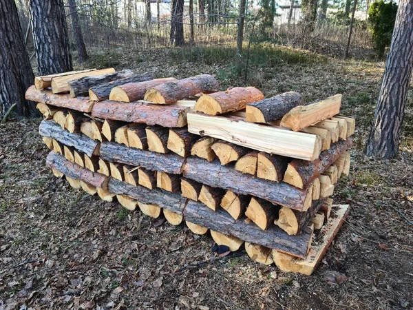 Brandhout Blokken Gehakt Gestapeld Palen Voor Volgende Winter — Stockfoto