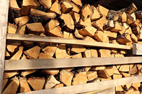 Chopped Firewood Prepared Winter Stacked Open Canopy Village — ストック写真