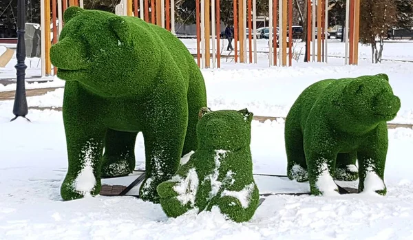 Rus şehri Stavropol 'de karlı bir parkta sahte yeşil ayılar. Şubat 2020.