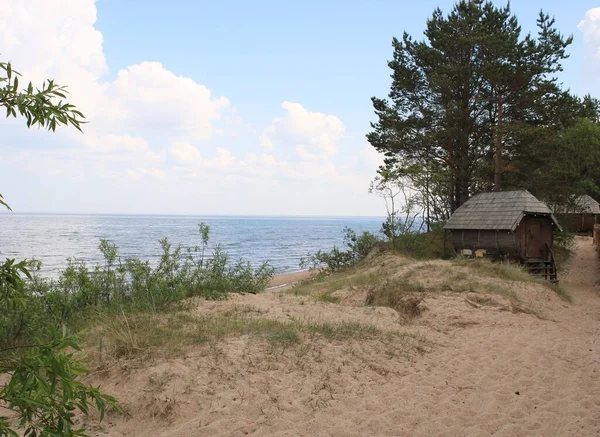 Küstensanddünen Und Hölzerne Melnsils Campinghäuser Ufer Des Golfs Von Riga — Stockfoto