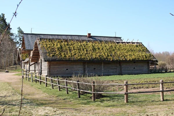 Wooden Farm Buildings Russian Village Mikhailovsky Early Spring 2019 — Foto Stock