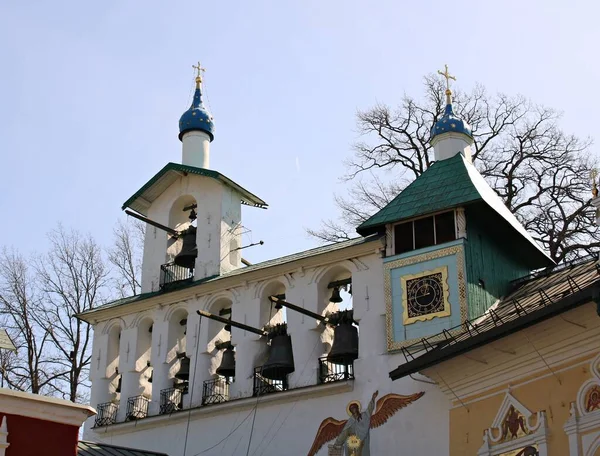 Big and small bells in the Pskov-Caves Monastery in the Russian city of Pechory. April 2019 — стоковое фото