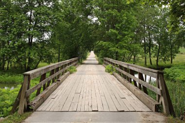 Small wooden bridge over a small river among the green trees of the forest.