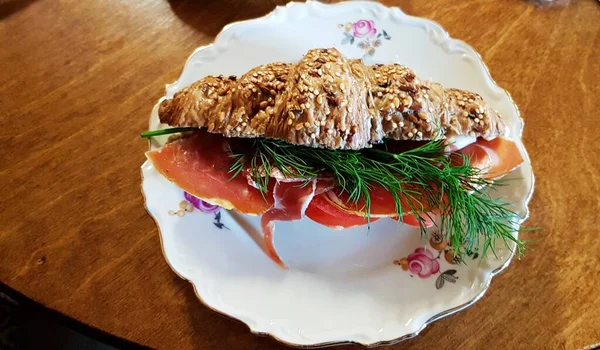 Breakfast Croissant Sandwich Bacon Sprig Dill Plate — Stock Fotó