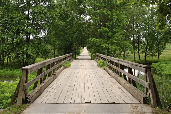 Pequeño Puente Madera Sobre Pequeño Río Entre Los Árboles Verdes —  Fotos de Stock