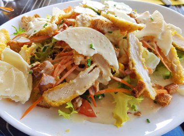 Beyaz tabakta sebze, peynir ve kurutulmuş ekmek dilimleri karışımı bir salata..