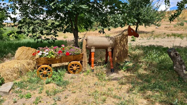 Small Cart Flowers Fabulous Horse Made Wood Hemp Ropes Village — Stock fotografie
