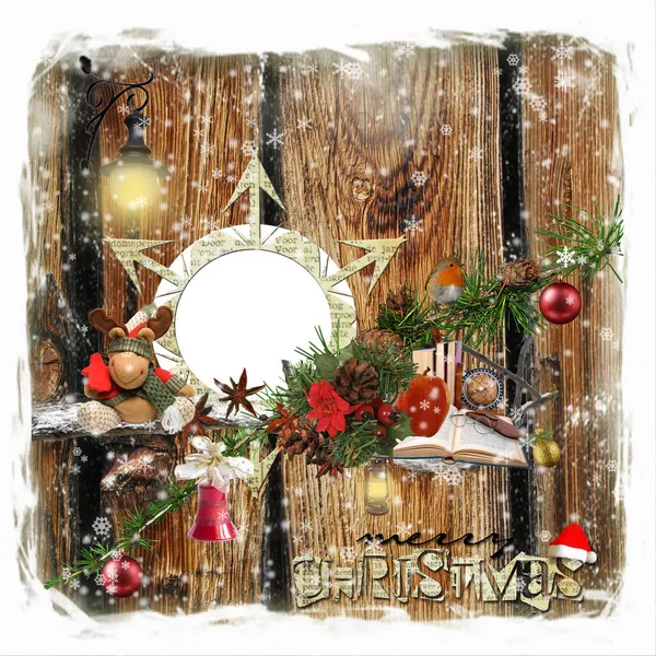 Eine Weihnachtskarte mit einem Platz für Ihre Fotos. Weihnachtsbaumspielzeug, Weihnachtsbaumzweige in Form von Dekor. Weihnachtsbaum.Schneeflocken. — Stockfoto