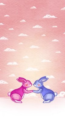 Pembe arka planda öpüşen iki canlı tavşan.