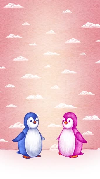 Two animated penguins kissing on a pink background