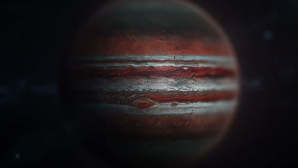 Cosmos concept. Vlucht over de planeet JUPITER, Op een zwarte achtergrond, bovenaanzicht — Stockvideo