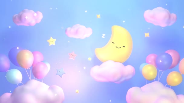 Eine Mondsichel schläft auf einer Wolke, in einem blauen Himmel. — Stockvideo