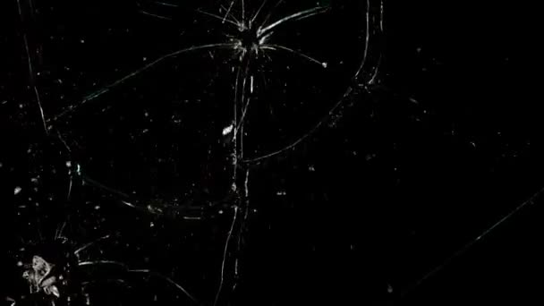 Fragmentos de vidrio roto vuelan en diferentes direcciones sobre un fondo negro. — Vídeo de stock
