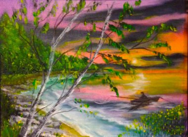 A fisherman fishes at sunrise near the shore in autumn. The painting is painted in oil on canvas