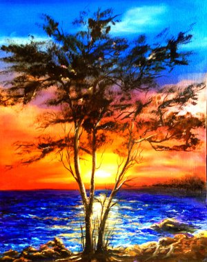A branching tree on the riverbank at sunset. The painting is painted in oil on canvas.