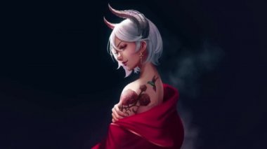 Kafasında boynuzları olan anime karakteri kızı.