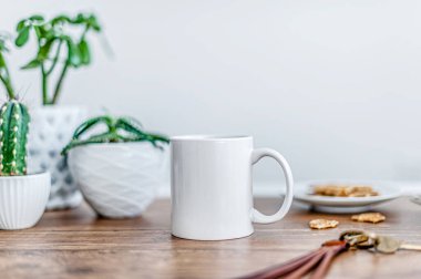 Bir kahve fincanı, bir kamera, ahşap yüzeyde yeşil bitkiler. Yan görünüm