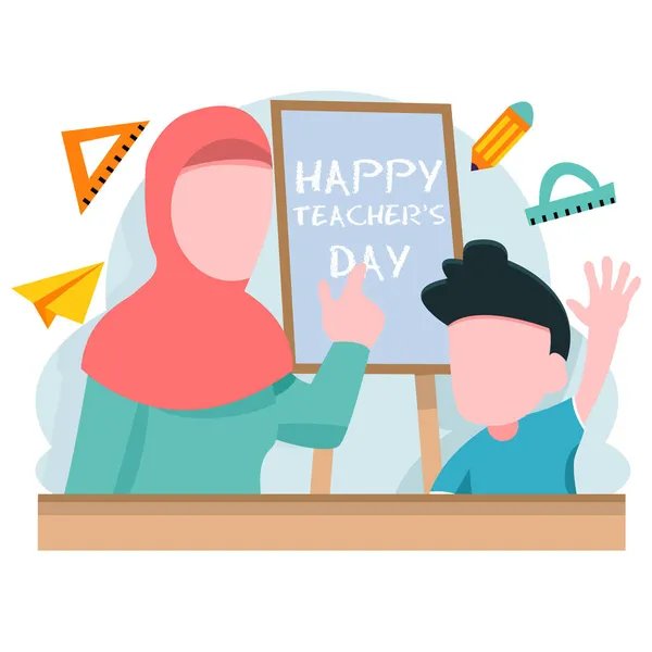 Guru Dengan Hijab Merayakan Hari Guru Dengan Muridnya - Stok Vektor
