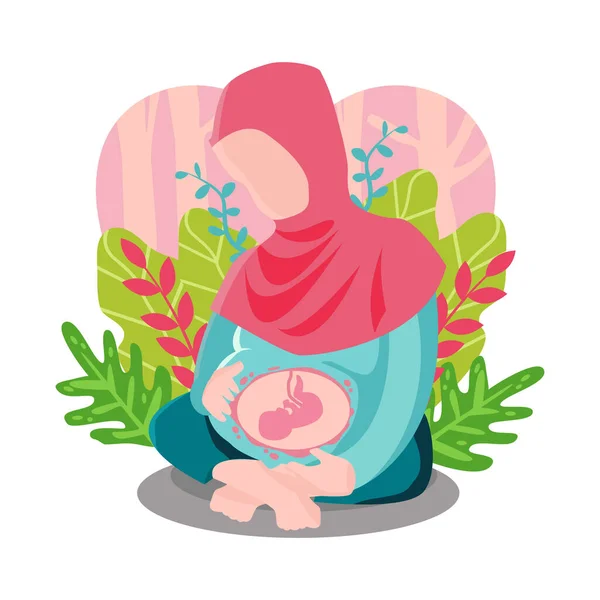 Young Mom Hijab Touching Her Belly Connecting Emotion Her Baby — Stock Vector