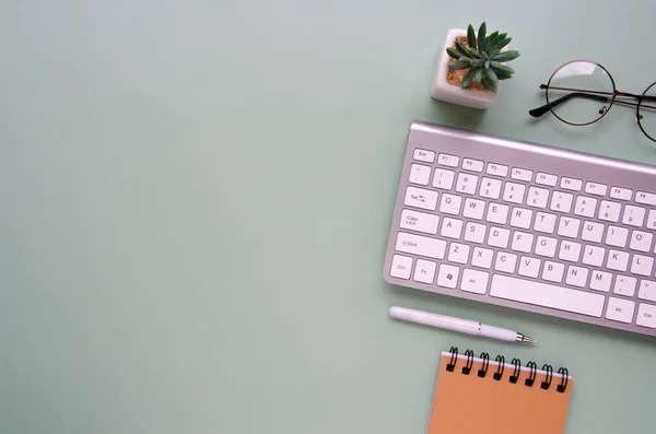 Bilgisayarlı ofis masası, yeşil çiçek, dosya. Not defteri, sosyal ağlar. Yukarıdan bak. Merkez ofis çalışma alanı. Aksesuarlar, yuvarlak gözlükler, yazmak için beyaz kalem, gri klavye