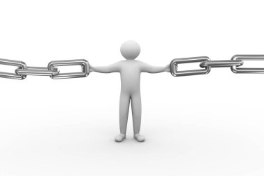 3d illustration of person holding chain. 3d human person character and white people