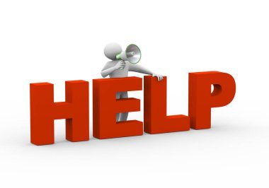 3d illustration of person standing with word help megaphone annoucement. 3d human person character and white people