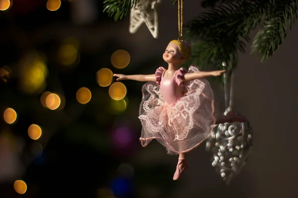 Ballerina Toy Figurine Christmas Tree Horizontal Holiday Background Design Christmas — Stock Photo, Image