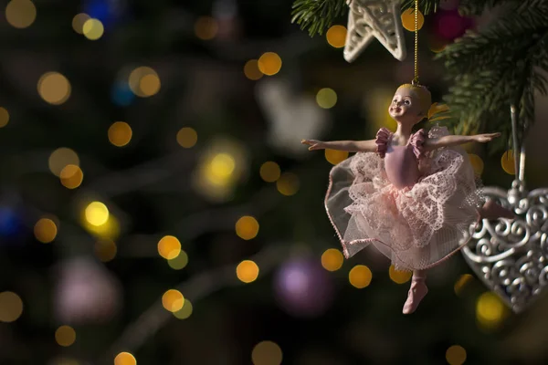 Ballerina Toy Figurine Christmas Tree Horizontal Holiday Background Design Christmas — стоковое фото