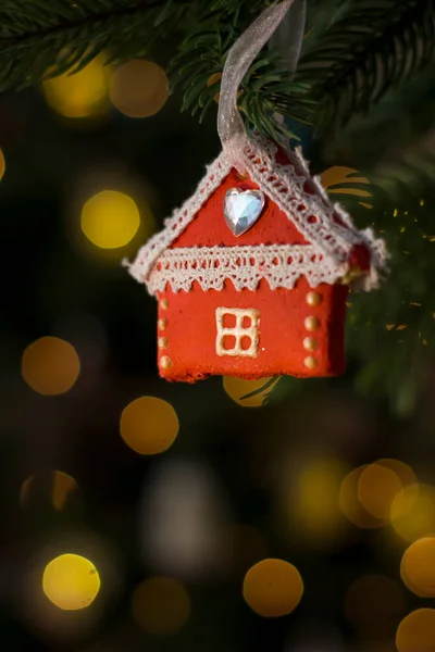 House Figurine Handmade Salt Dough Toy Christmas Tree Vertical Holiday — стоковое фото