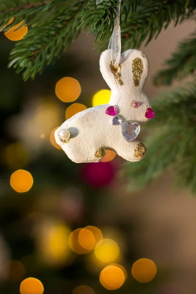 Rabbit Figurine Handmade Salt Dough Toy Christmas Tree 2023 Year — стоковое фото