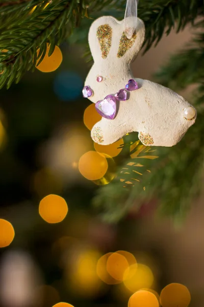 Rabbit Figurine Handmade Salt Dough Toy Christmas Tree 2023 Year — Stock Photo, Image