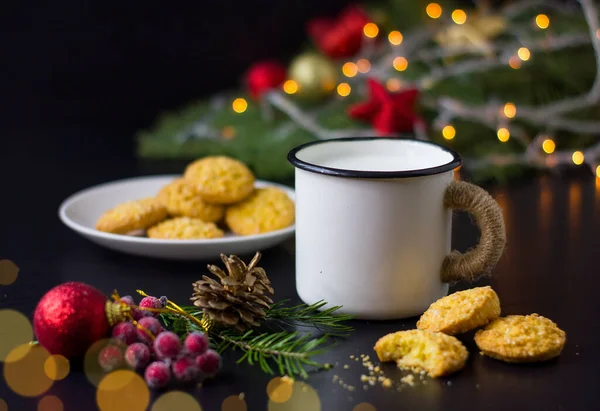 Biscotti Latte Babbo Natale Clause Sulla Tavola Legno Sfondo Delle — Foto Stock