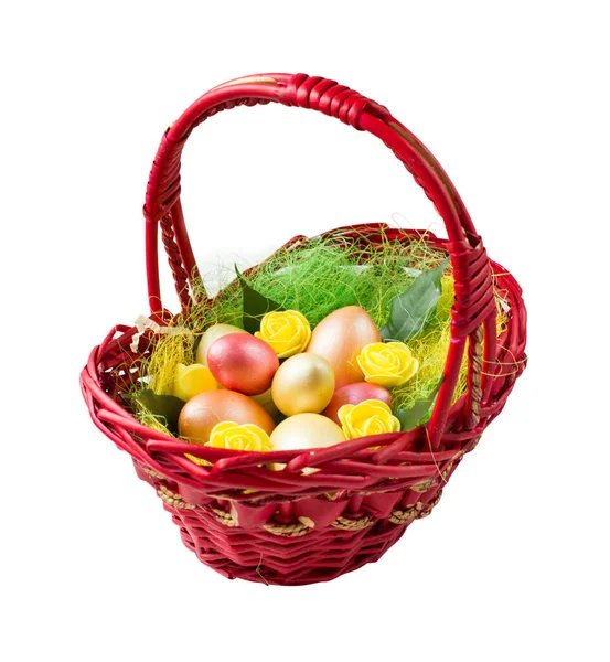 Golden and bronze Easter eggs with flowers and leaves in red basket. Design element for Easter greeting cards, poster or banner.