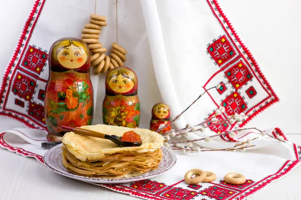 Background Pancakes Matryoshka Rushnik Sushki Maslenitsa Festival Traditional Russian Meal — Stock Photo, Image