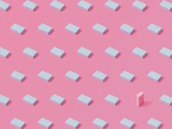 Trendy pink pattern made of blue eraser cube, with one different blue cube. Pink background. Minimal and geometric concept.