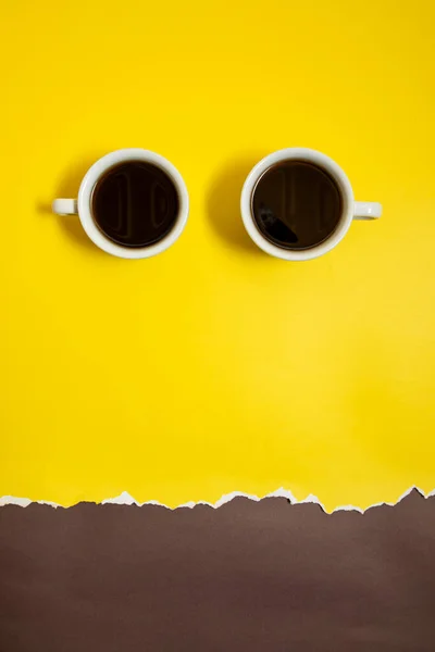 Two Cups Full Coffee Yellow Brown Background — Fotografia de Stock