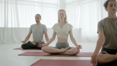 Genç Sportif İnsanlar Eğitmenle Yoga Dersi Çalışıyor. Rahatlatıcı vücut. Sağlık, Meditasyon ve Sağlık Konsepti.