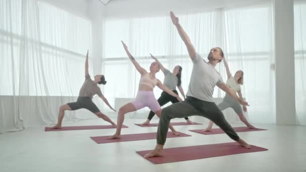 ヨガクラスの5人の若い女性と男性、瞑想演習。フィットネススタジオや体操教室で健康的なライフスタイルの運動とストレッチ — ストック動画