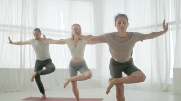 Yoga Class Group of Three Women and Man Exercising Healthy Lifestyle in Bright Studio. Люди, балансирующие на одной ноге в Bright Fitness Studio и классе гимнастики. — стоковое видео