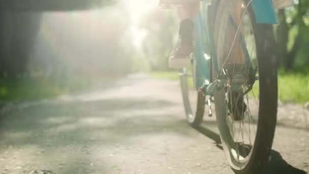 Zamknij Happy Young Woman Jazda na rowerze na wiejskiej drodze w lecie o wschodzie słońca. Piękna kobieta na naziemnej ścieżce Zielona trawa pole — Wideo stockowe