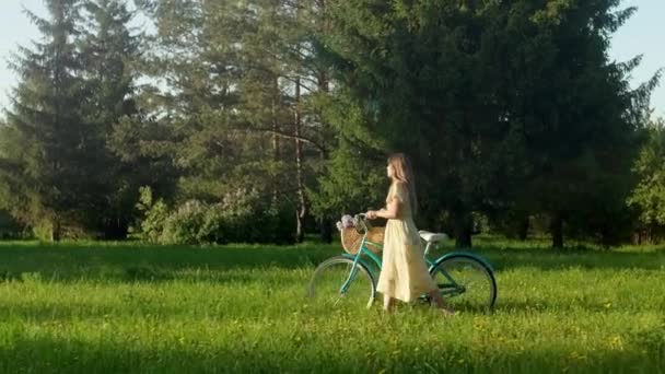 Radfahrerin Frau zu Fuß mit dem Fahrrad auf der Landstraße zur Sommerzeit.Schöne Radfahrerin im Kleid Radfahren auf dem Fahrrad auf dem Feldweg Grünes Grasfeld Spaß haben und das Leben genießen. — Stockvideo