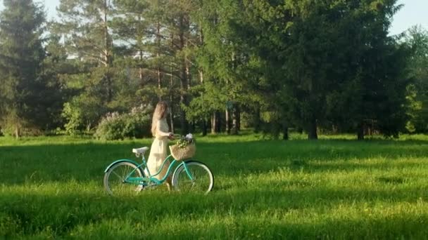 Happy Young Woman Walk With a Bike With Basket of Flowers on the On Countryside Road At Summer at Sunrise (em inglês). Mulher bonita no terreno Caminho campo de grama verde se divertindo e desfrutando da vida — Vídeo de Stock