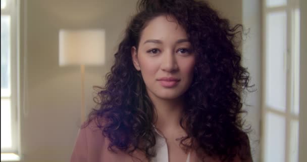 Smiling mixed race young woman looking to camera on Home Office with happy emotion enjoying successful lifestyle. Concept of people and emotions. Slow Motion — Stock Video